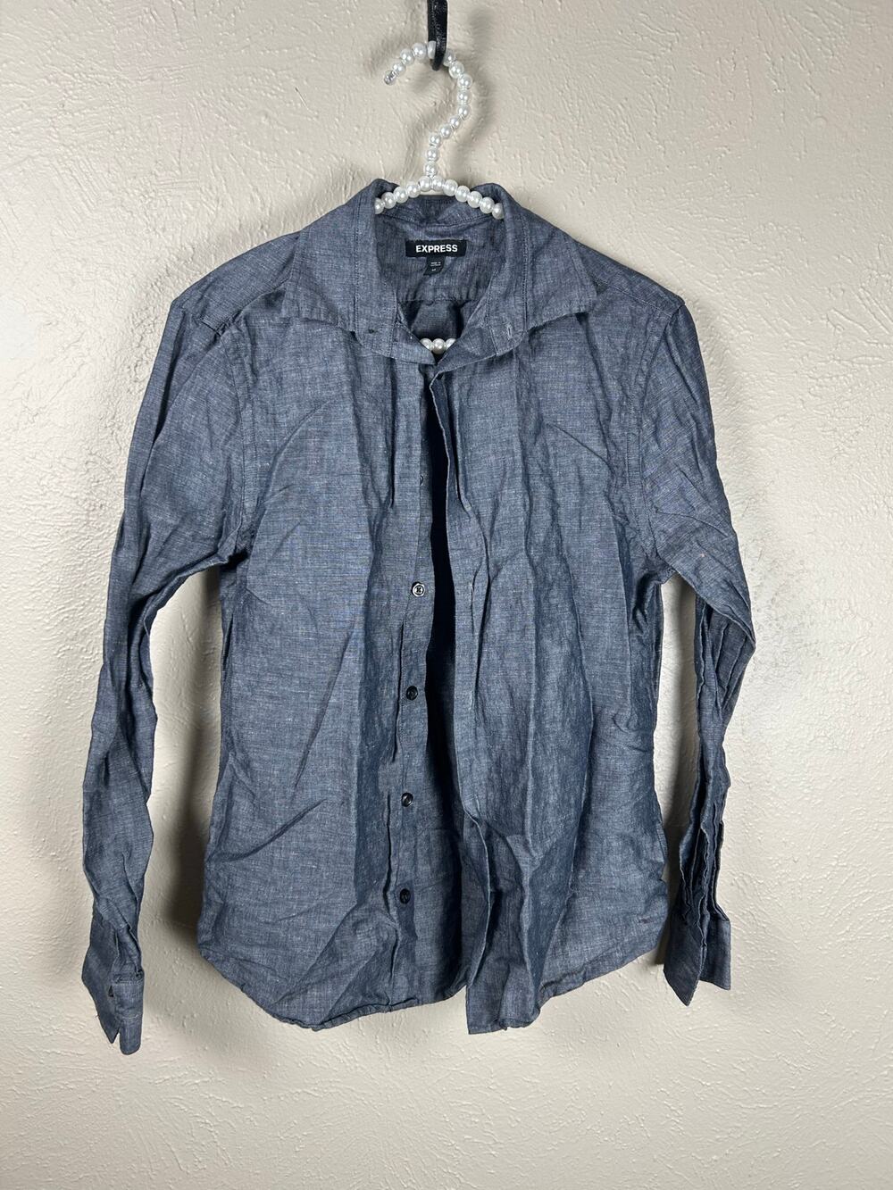 Express Linen Button Up Shirt Mens Size XS Blue Chambray Western Stagecoach Top